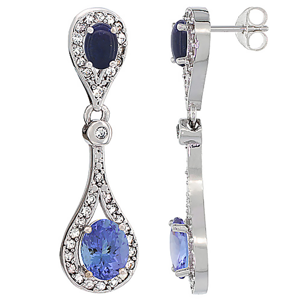 10K WHITE GOLD NATURAL TANZANITE & LAPIS OVAL DANGLING EARRINGS WHITE SAPPHIRE & DIAMOND ACCENTS, 1 3/8 INCHES LONG