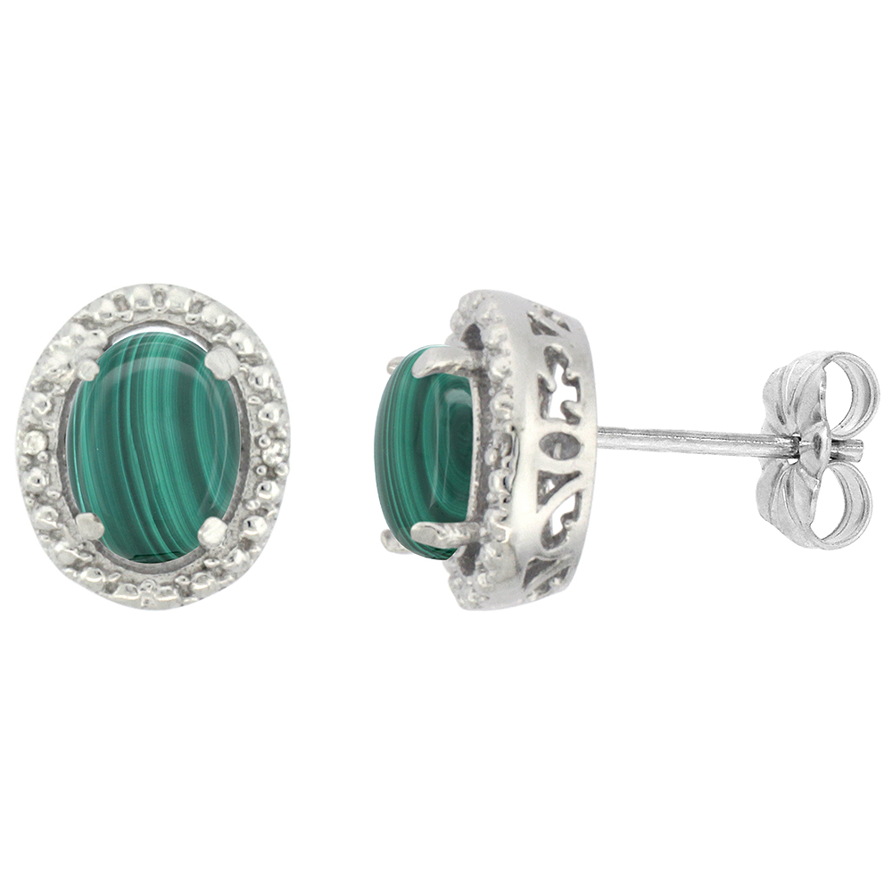 10K WHITE GOLD 0.01 CTTW DIAMOND NATURAL MALACHITE POST EARRINGS OVAL 7X5 MM