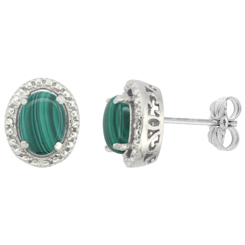 10K White Gold 0.01 cttw Diamond Natural Malachite Post Earrings Oval 7x5 mm