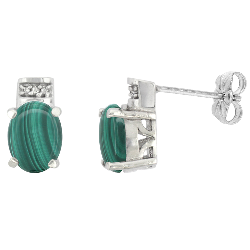 10K White Gold Diamond Natural Malachite Earrings Oval 8x6 mm