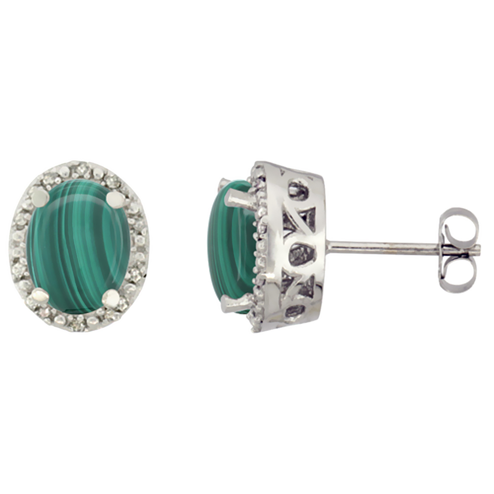 10K White Gold Genuine Malachite Stud Earrings Diamond Halo Oval 8x6 mm