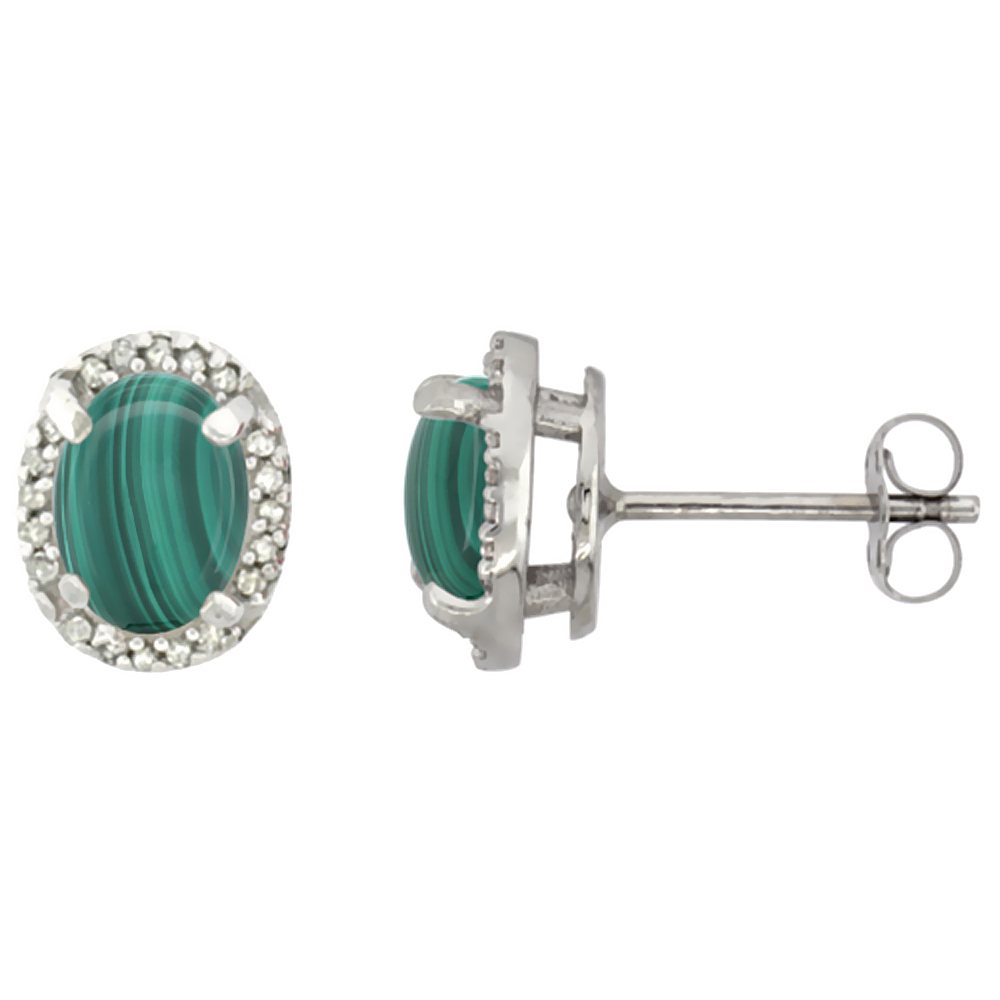 10K WHITE GOLD DIAMOND NATURAL MALACHITE EARRINGS OVAL 7X5 MM