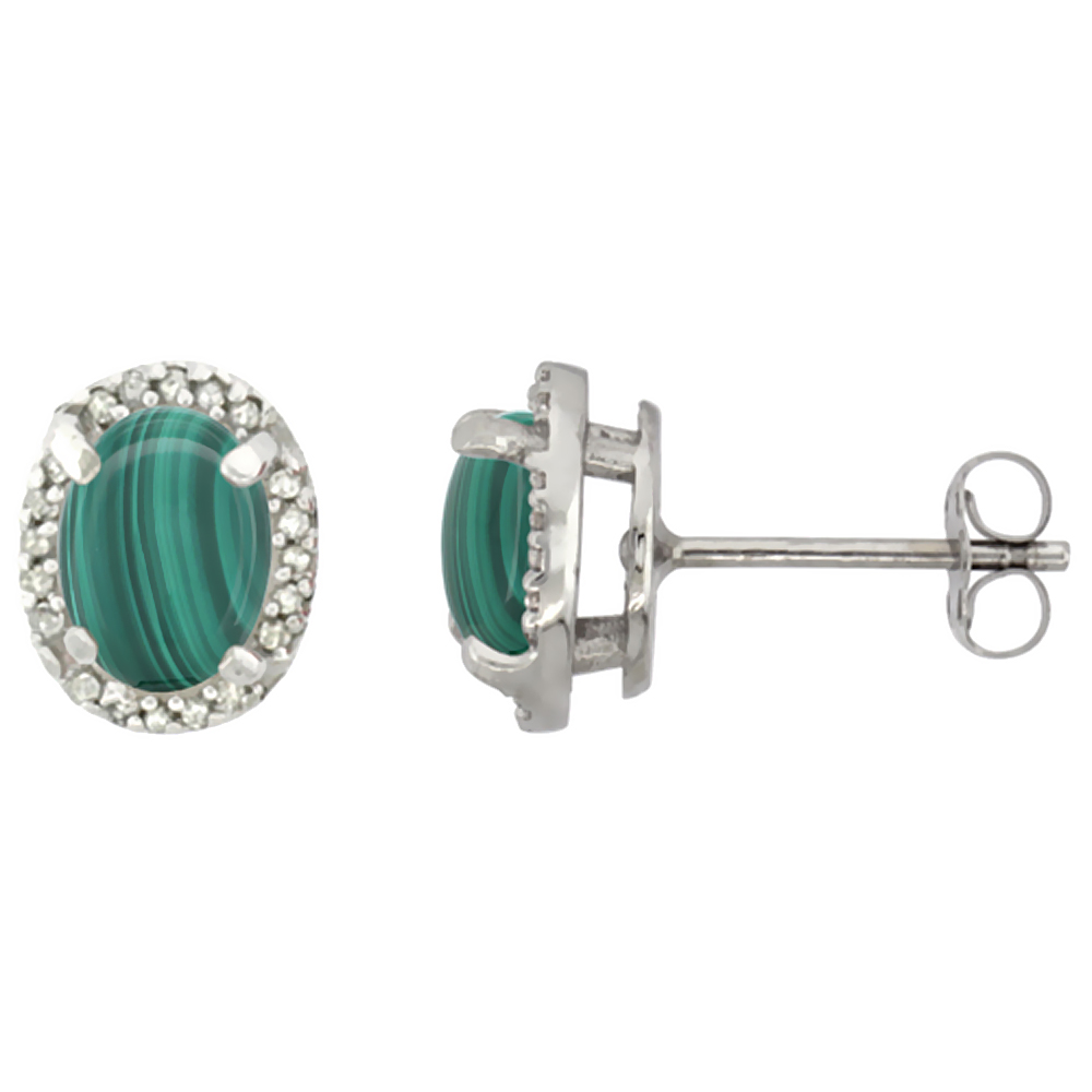 10K White Gold Diamond Natural Malachite Earrings Oval 7x5 mm