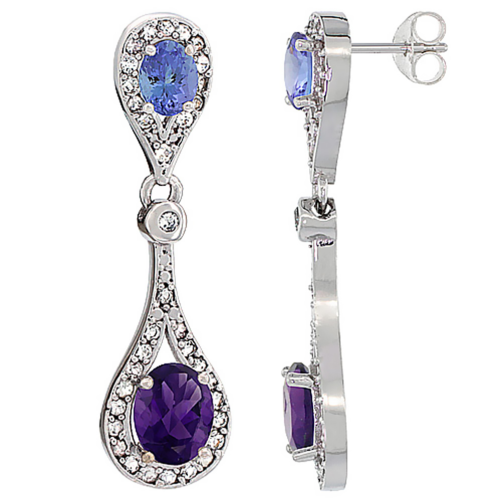 10K WHITE GOLD NATURAL AMETHYST & TANZANITE OVAL DANGLING EARRINGS WHITE SAPPHIRE & DIAMOND ACCENTS, 1 3/8 INCHES LONG