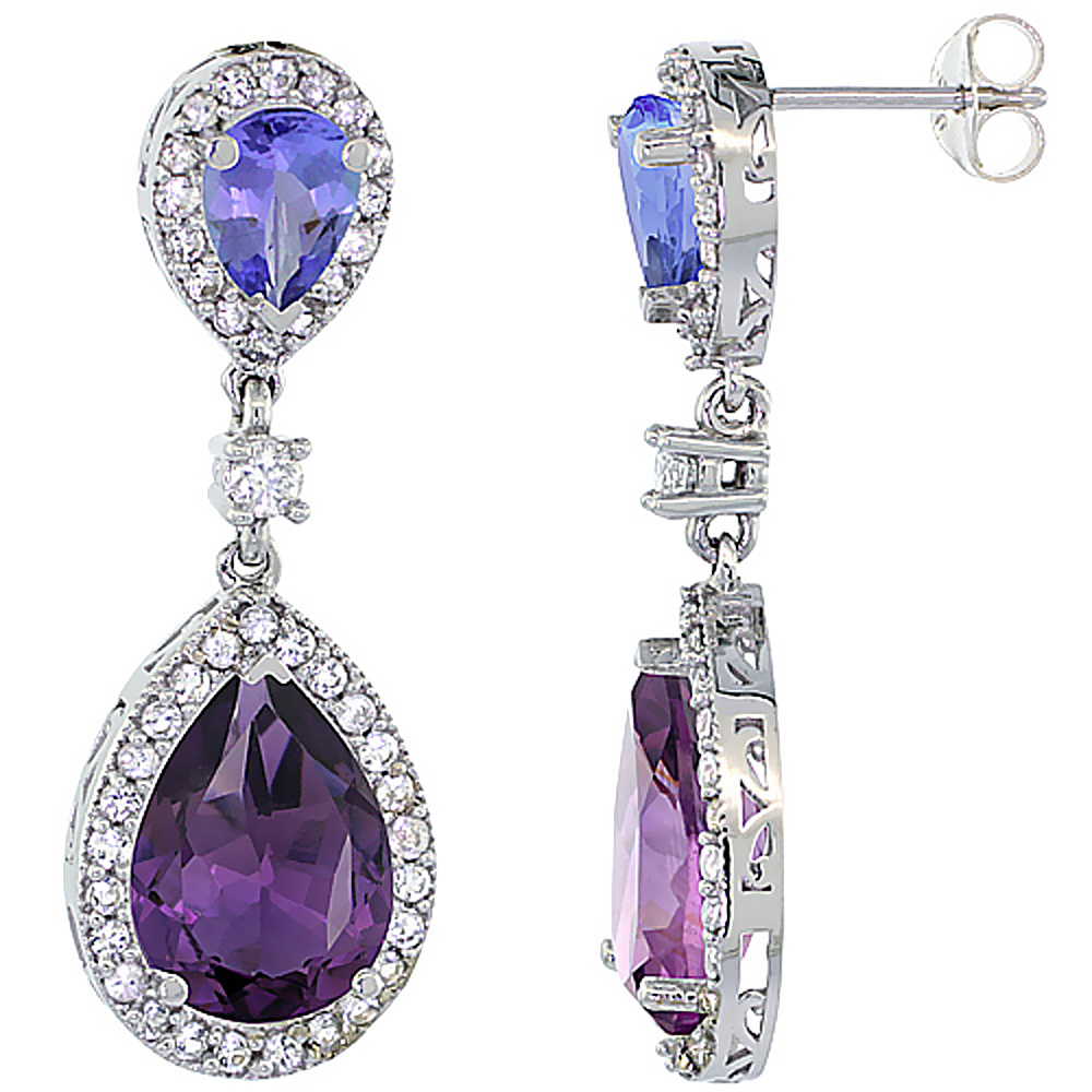 10K White Gold Natural Amethyst & Tanzanite Teardrop Earrings White Sapphire & Diamond