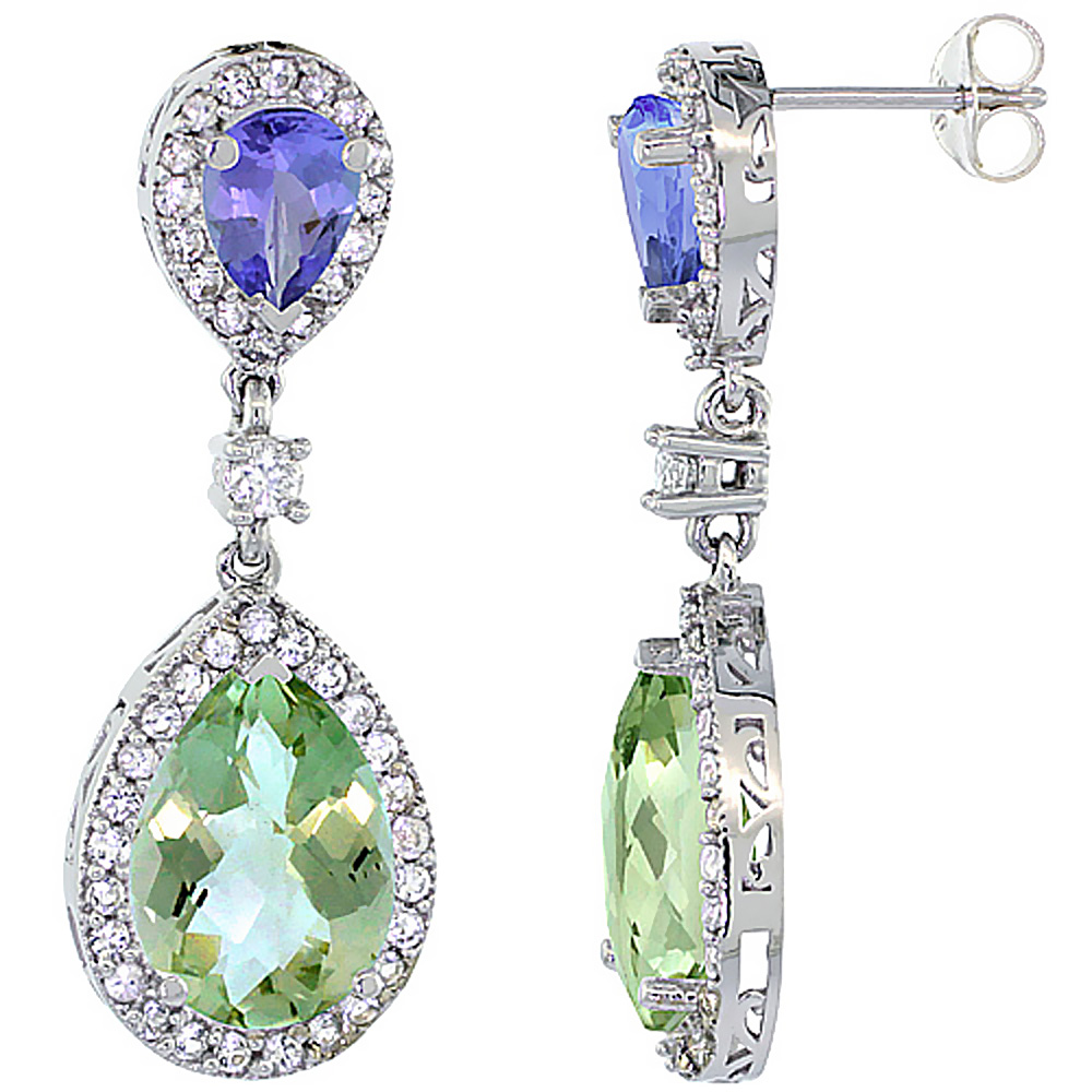 14K White Gold Natural Green Amethyst &amp; Tanzanite Teardrop Earrings White Sapphire &amp; Diamond