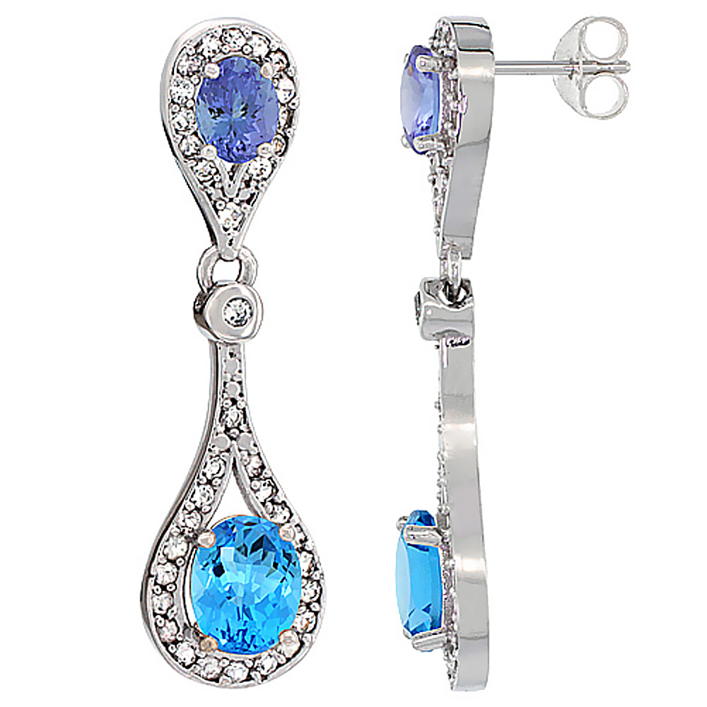 10K WHITE GOLD NATURAL SWISS BLUE TOPAZ & TANZANITE OVAL DANGLING EARRINGS WHITE SAPPHIRE & DIAMOND ACCENTS, 1 3/8 INCHES LONG
