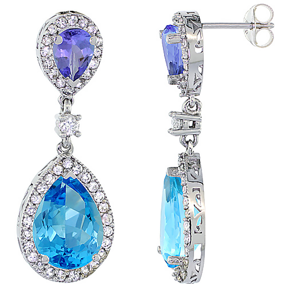 10K WHITE GOLD NATURAL SWISS BLUE TOPAZ & TANZANITE TEARDROP EARRINGS WHITE SAPPHIRE & DIAMOND