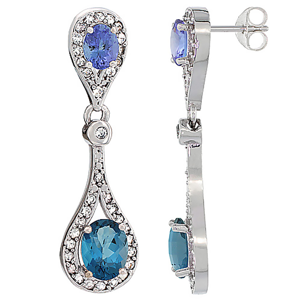 10K WHITE GOLD NATURAL LONDON BLUE TOPAZ & TANZANITE OVAL DANGLING EARRINGS WHITE SAPPHIRE & DIAMOND ACCENTS, 1 3/8 INCHES LONG