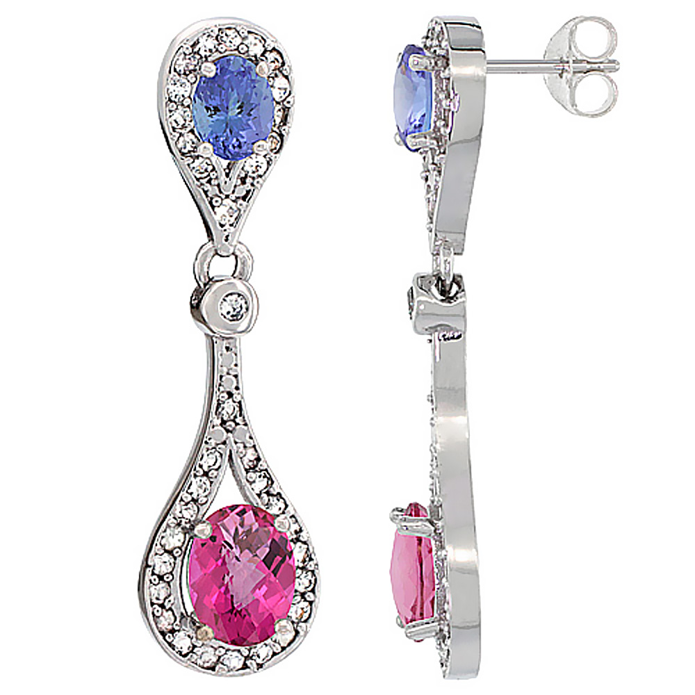 10K WHITE GOLD NATURAL PINK TOPAZ & TANZANITE OVAL DANGLING EARRINGS WHITE SAPPHIRE & DIAMOND ACCENTS, 1 3/8 INCHES LONG