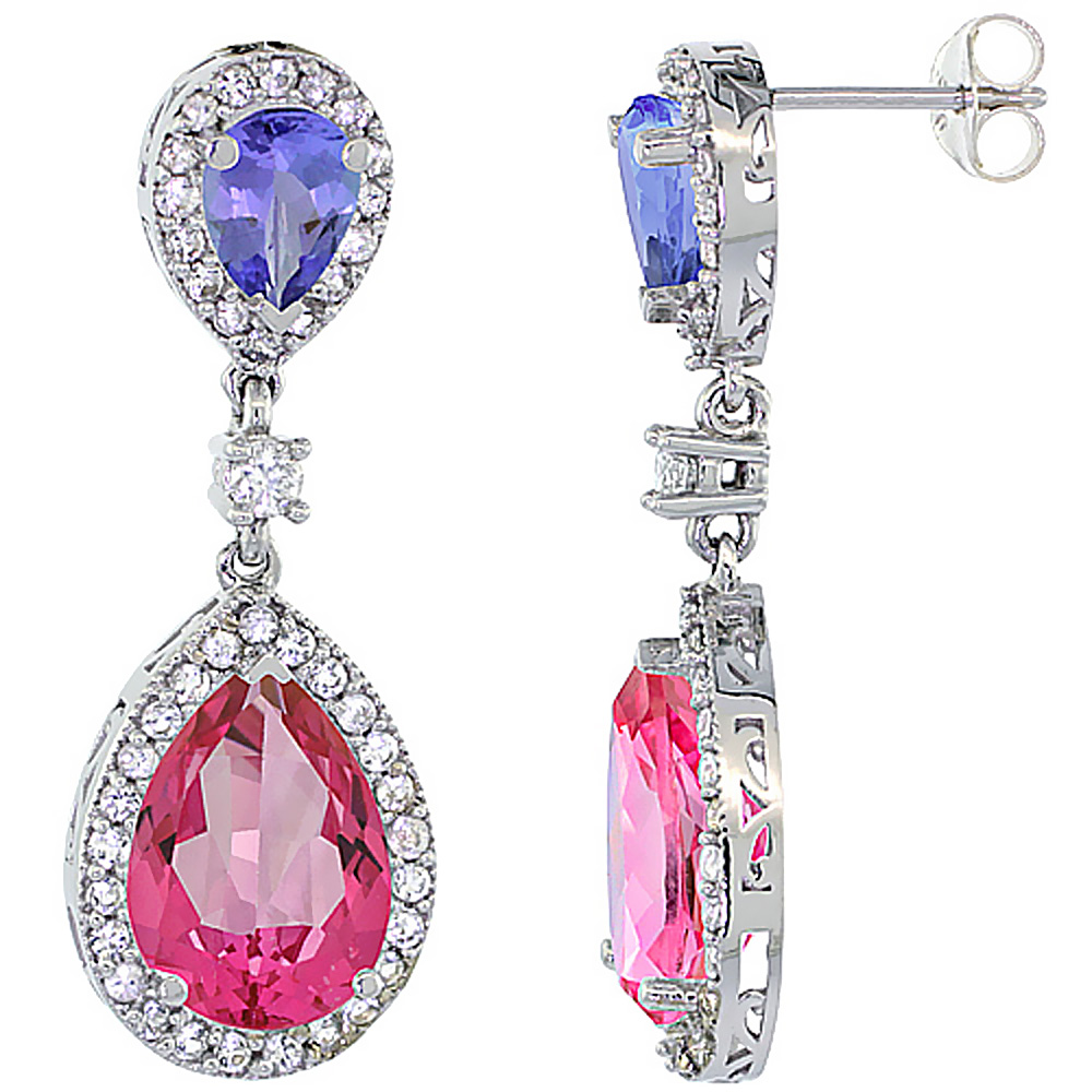 14K White Gold Natural Pink Topaz &amp; Tanzanite Teardrop Earrings White Sapphire &amp; Diamond