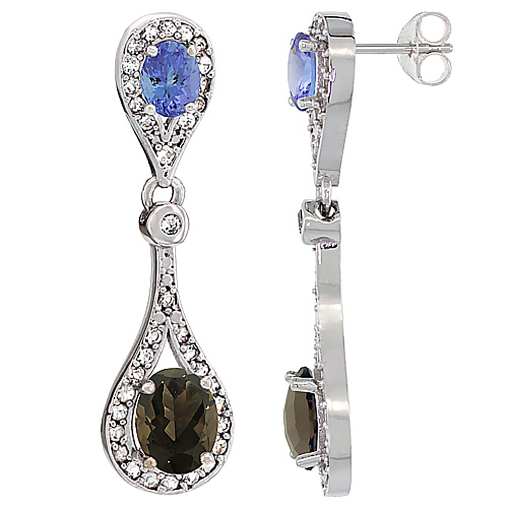 10K WHITE GOLD NATURAL SMOKY TOPAZ & TANZANITE OVAL DANGLING EARRINGS WHITE SAPPHIRE & DIAMOND ACCENTS, 1 3/8 INCHES LONG