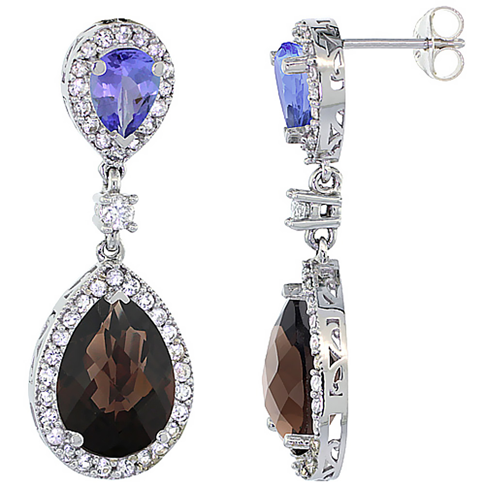 10K WHITE GOLD NATURAL SMOKY TOPAZ & TANZANITE TEARDROP EARRINGS WHITE SAPPHIRE & DIAMOND