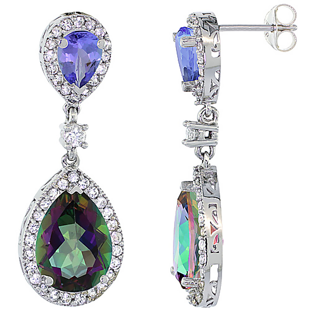10K WHITE GOLD NATURAL MYSTIC TOPAZ & TANZANITE TEARDROP EARRINGS WHITE SAPPHIRE & DIAMOND