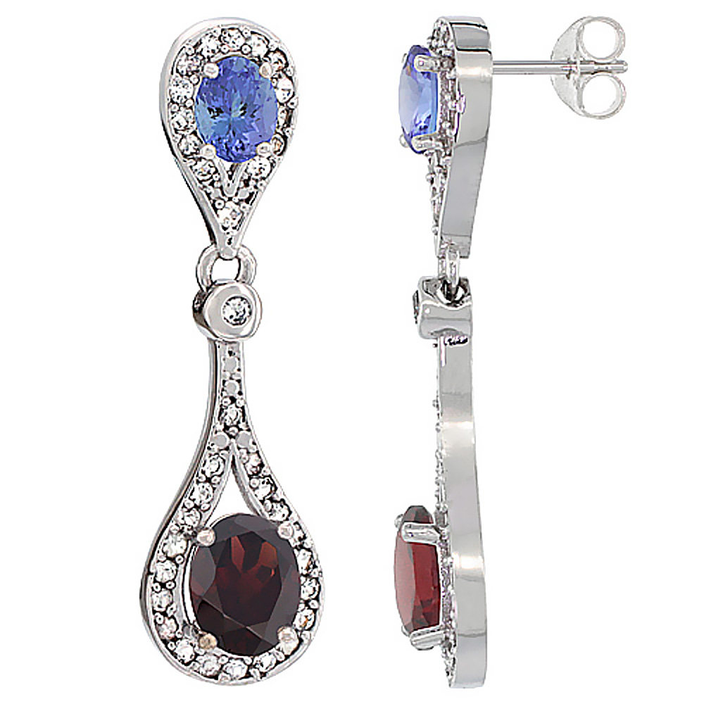 10K WHITE GOLD NATURAL GARNET & TANZANITE OVAL DANGLING EARRINGS WHITE SAPPHIRE & DIAMOND ACCENTS, 1 3/8 INCHES LONG