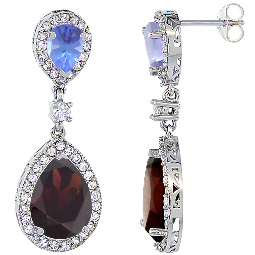 10K WHITE GOLD NATURAL GARNET & TANZANITE TEARDROP EARRINGS WHITE SAPPHIRE & DIAMOND