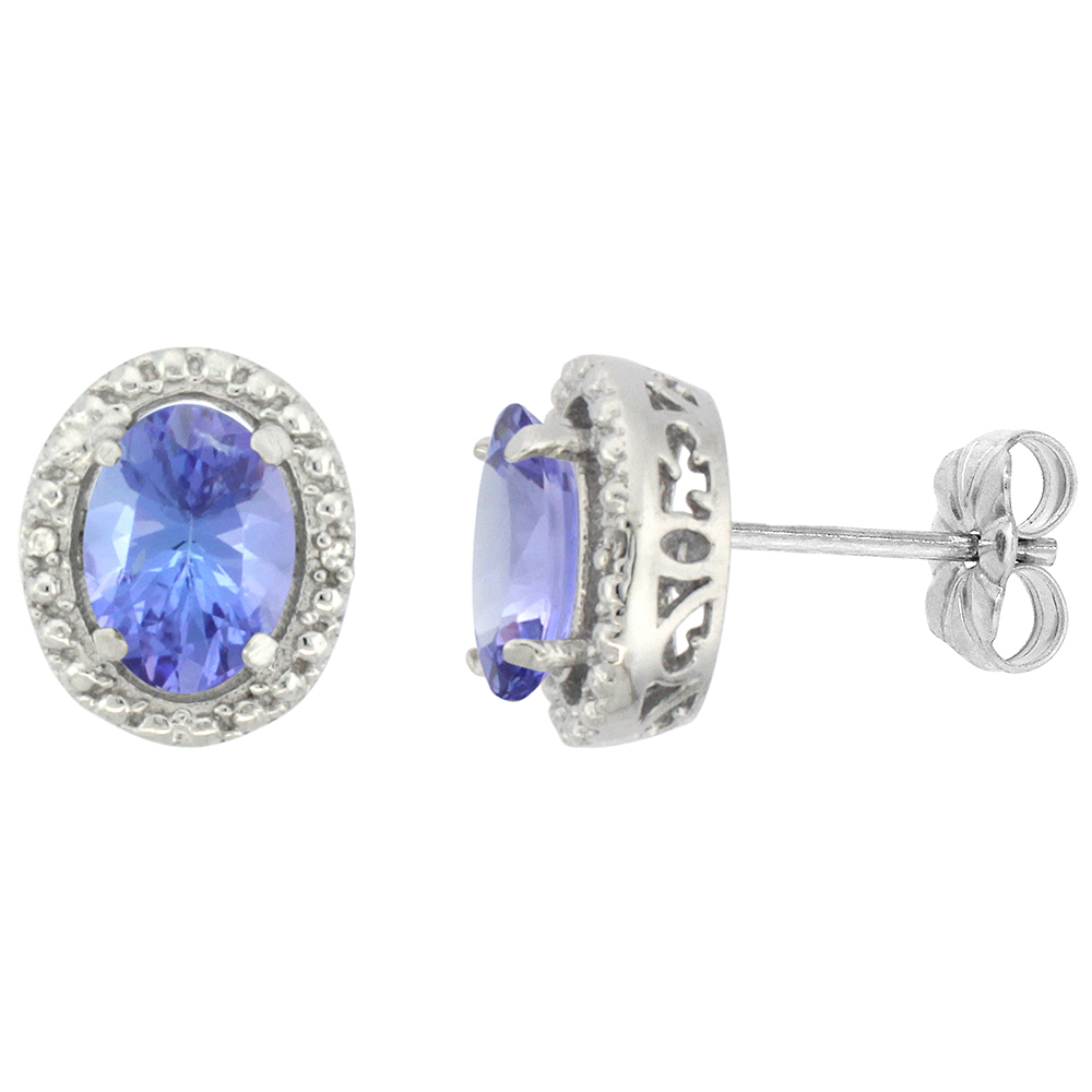10K WHITE GOLD 0.01 CTTW DIAMOND NATURAL TANZANITE POST EARRINGS OVAL 7X5 MM