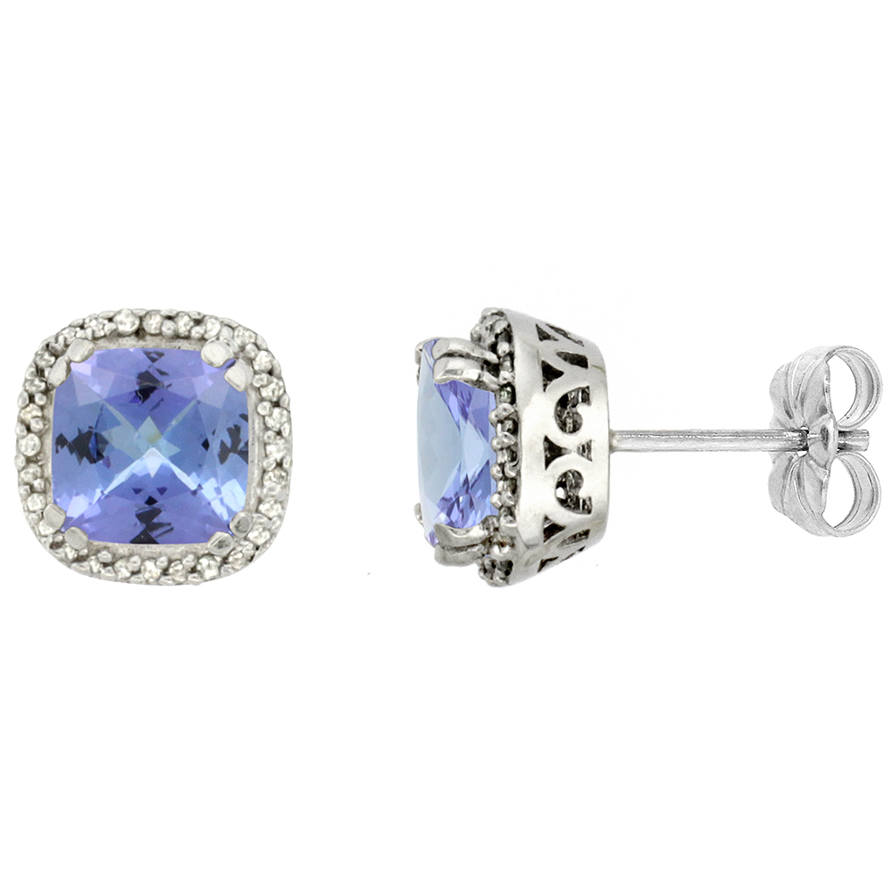 10k White Gold Diamond Halo Natural Tanzanite Stud Earrings Cushion Shaped 7x7 mm