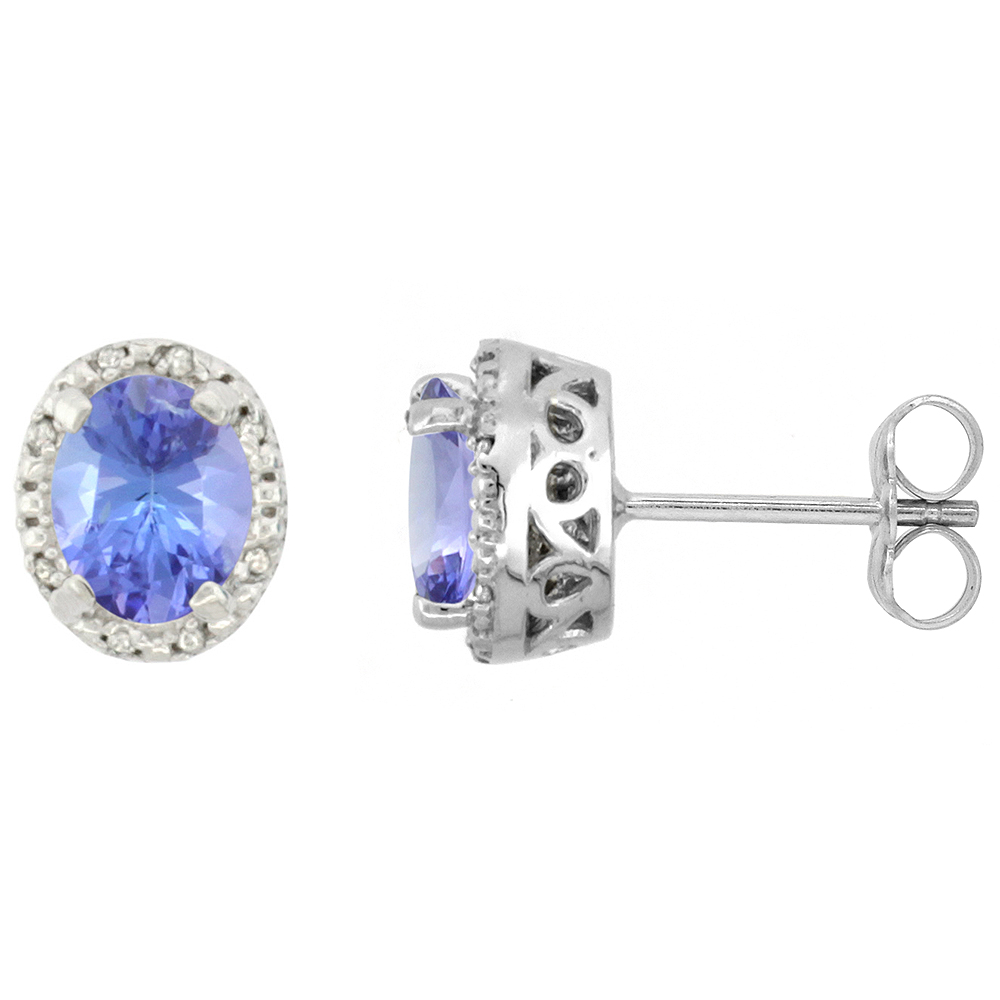 10K White Gold Diamond Halo Natural Tanzanite Stud Earrings Oval 7x5 mm