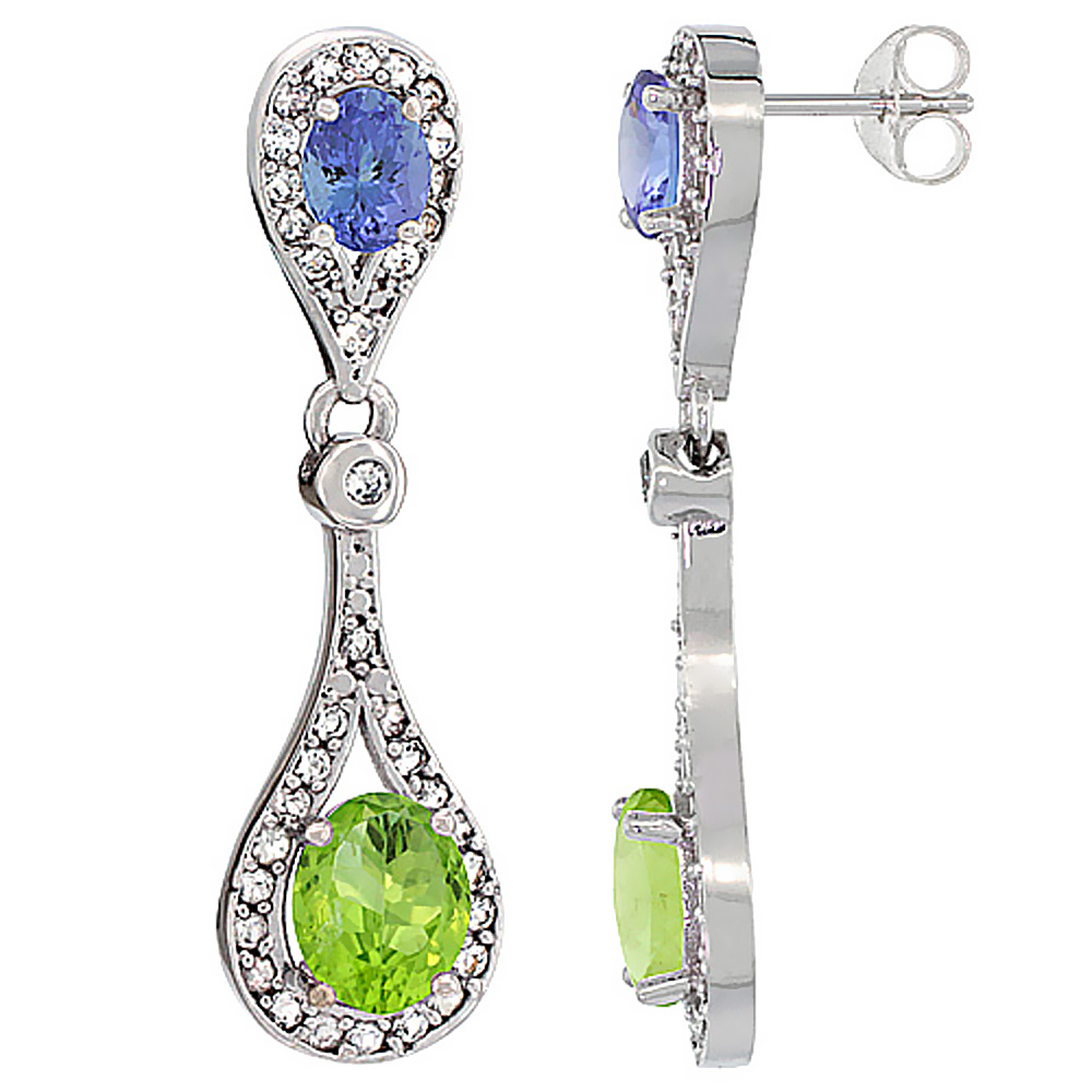 10K WHITE GOLD NATURAL PERIDOT & TANZANITE OVAL DANGLING EARRINGS WHITE SAPPHIRE & DIAMOND ACCENTS, 1 3/8 INCHES LONG