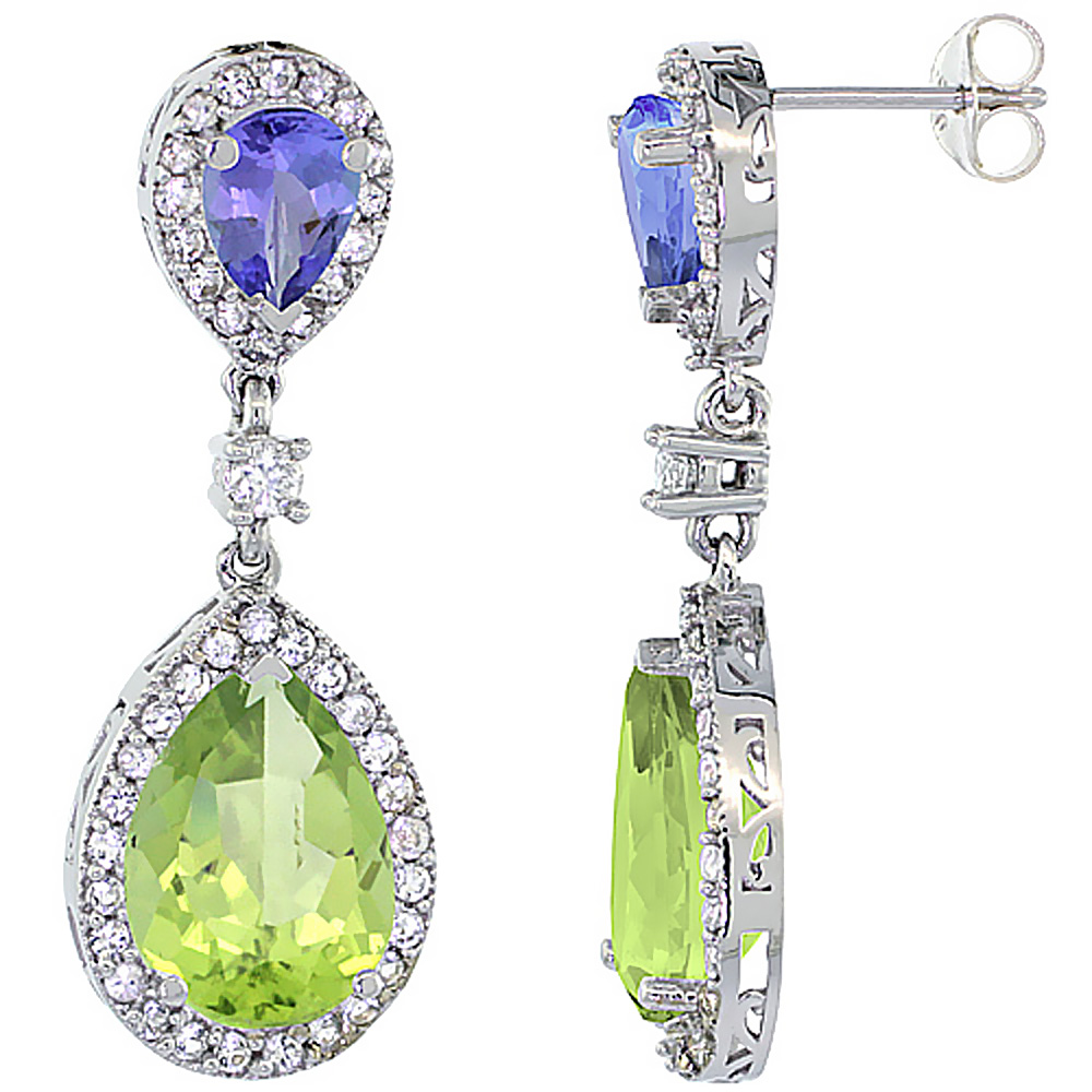 10K WHITE GOLD NATURAL PERIDOT & TANZANITE TEARDROP EARRINGS WHITE SAPPHIRE & DIAMOND