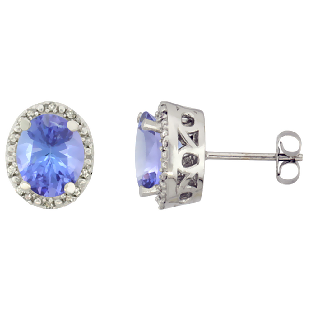 10K White Gold Genuine Tanzanite Stud Earrings Diamond Halo Oval 8x6 mm