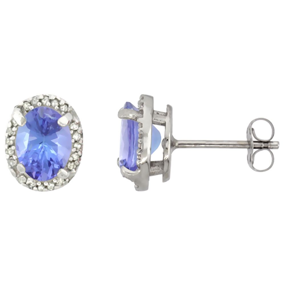 10K White Gold Diamond Natural Tanzanite Earrings Oval 7x5 mm