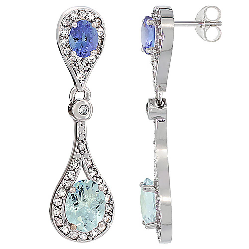 10K WHITE GOLD NATURAL AQUAMARINE & TANZANITE OVAL DANGLING EARRINGS WHITE SAPPHIRE & DIAMOND ACCENTS, 1 3/8 INCHES LONG