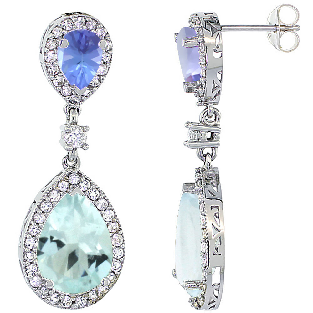 10K WHITE GOLD NATURAL AQUAMARINE & TANZANITE TEARDROP EARRINGS WHITE SAPPHIRE & DIAMOND