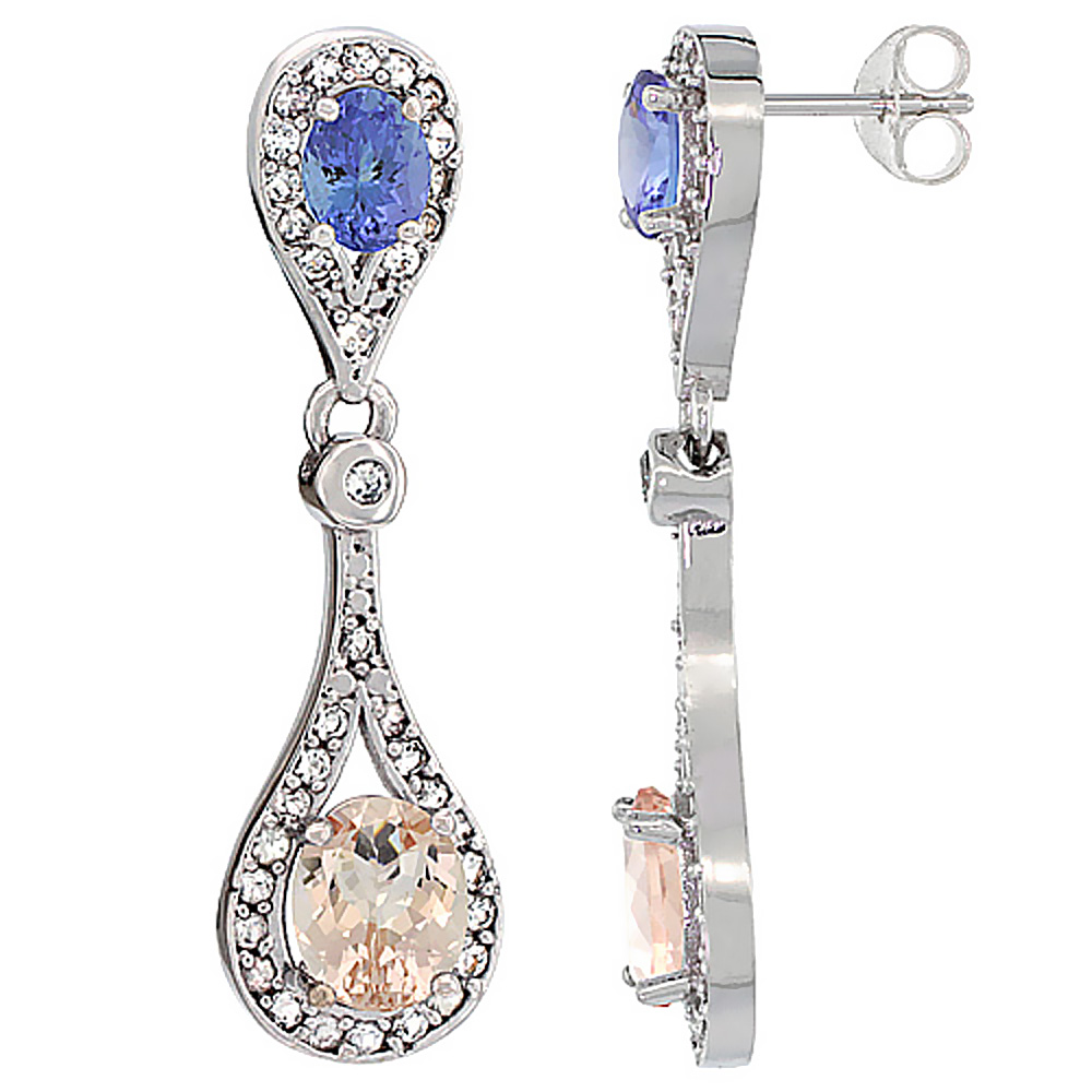 10K WHITE GOLD NATURAL MORGANITE & TANZANITE OVAL DANGLING EARRINGS WHITE SAPPHIRE & DIAMOND ACCENTS, 1 3/8 INCHES LONG