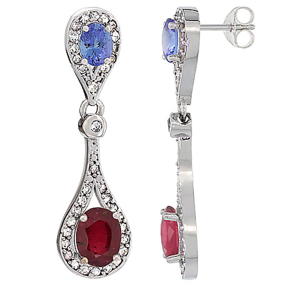 10K WHITE GOLD ENHANCED RUBY & TANZANITE OVAL DANGLING EARRINGS WHITE SAPPHIRE & DIAMOND ACCENTS, 1 3/8 INCHES LONG