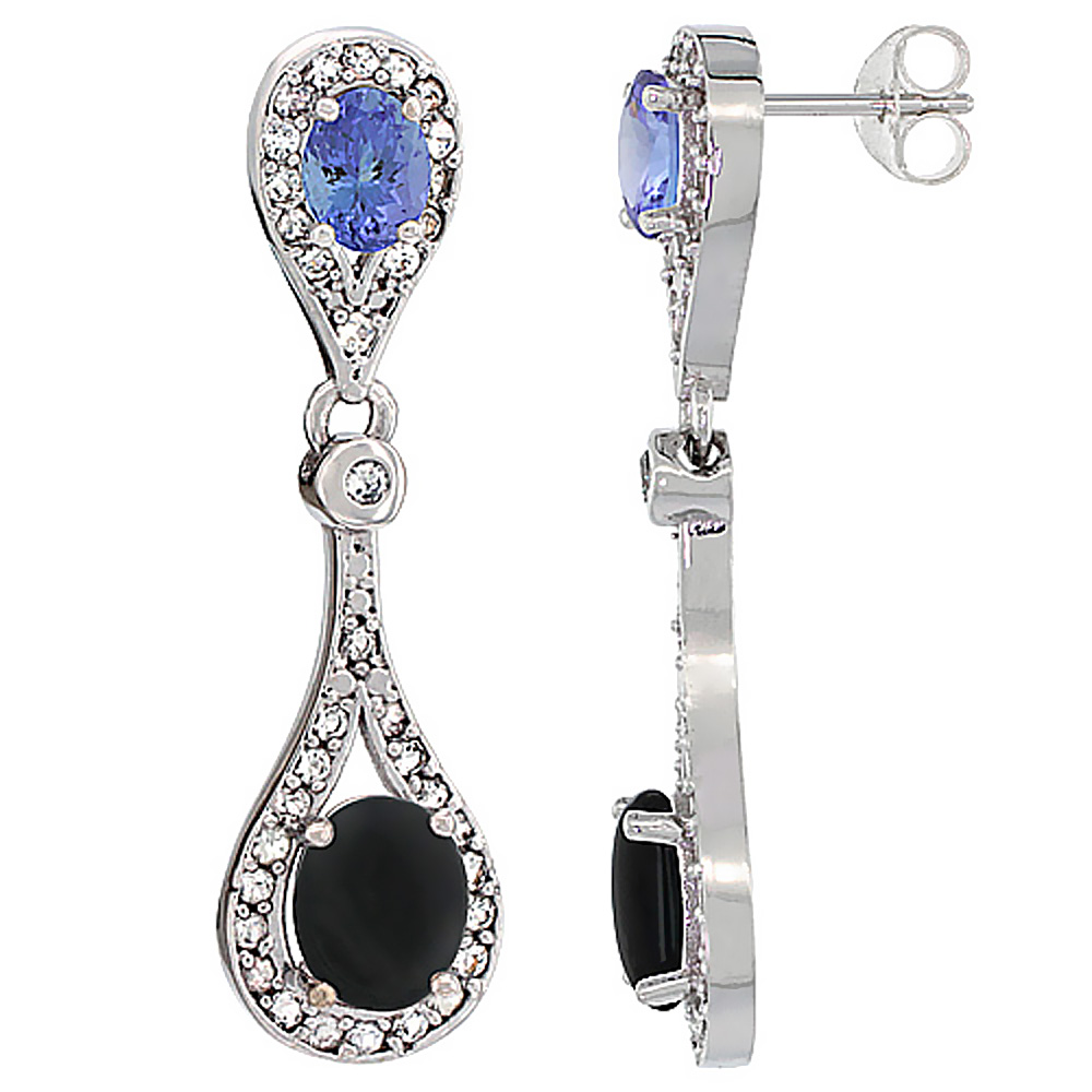 10K WHITE GOLD NATURAL BLACK ONYX & TANZANITE OVAL DANGLING EARRINGS WHITE SAPPHIRE & DIAMOND ACCENTS, 1 3/8 INCHES LONG