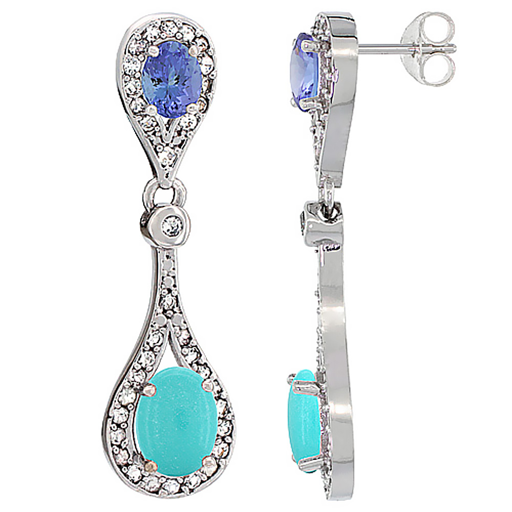 10K WHITE GOLD NATURAL TURQUOISE & TANZANITE OVAL DANGLING EARRINGS WHITE SAPPHIRE & DIAMOND ACCENTS, 1 3/8 INCHES LONG