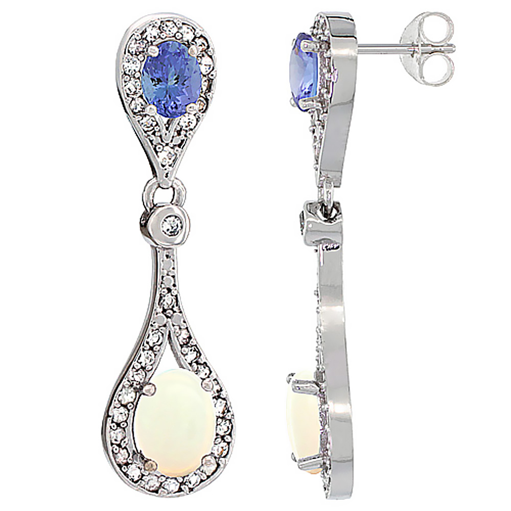10K WHITE GOLD NATURAL OPAL & TANZANITE OVAL DANGLING EARRINGS WHITE SAPPHIRE & DIAMOND ACCENTS, 1 3/8 INCHES LONG