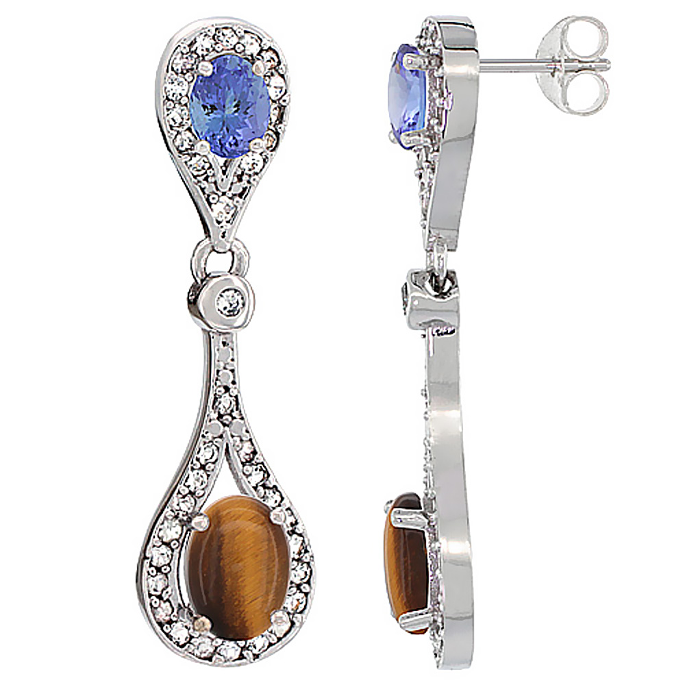 10K WHITE GOLD NATURAL TIGER EYE & TANZANITE OVAL DANGLING EARRINGS WHITE SAPPHIRE & DIAMOND ACCENTS, 1 3/8 INCHES LONG