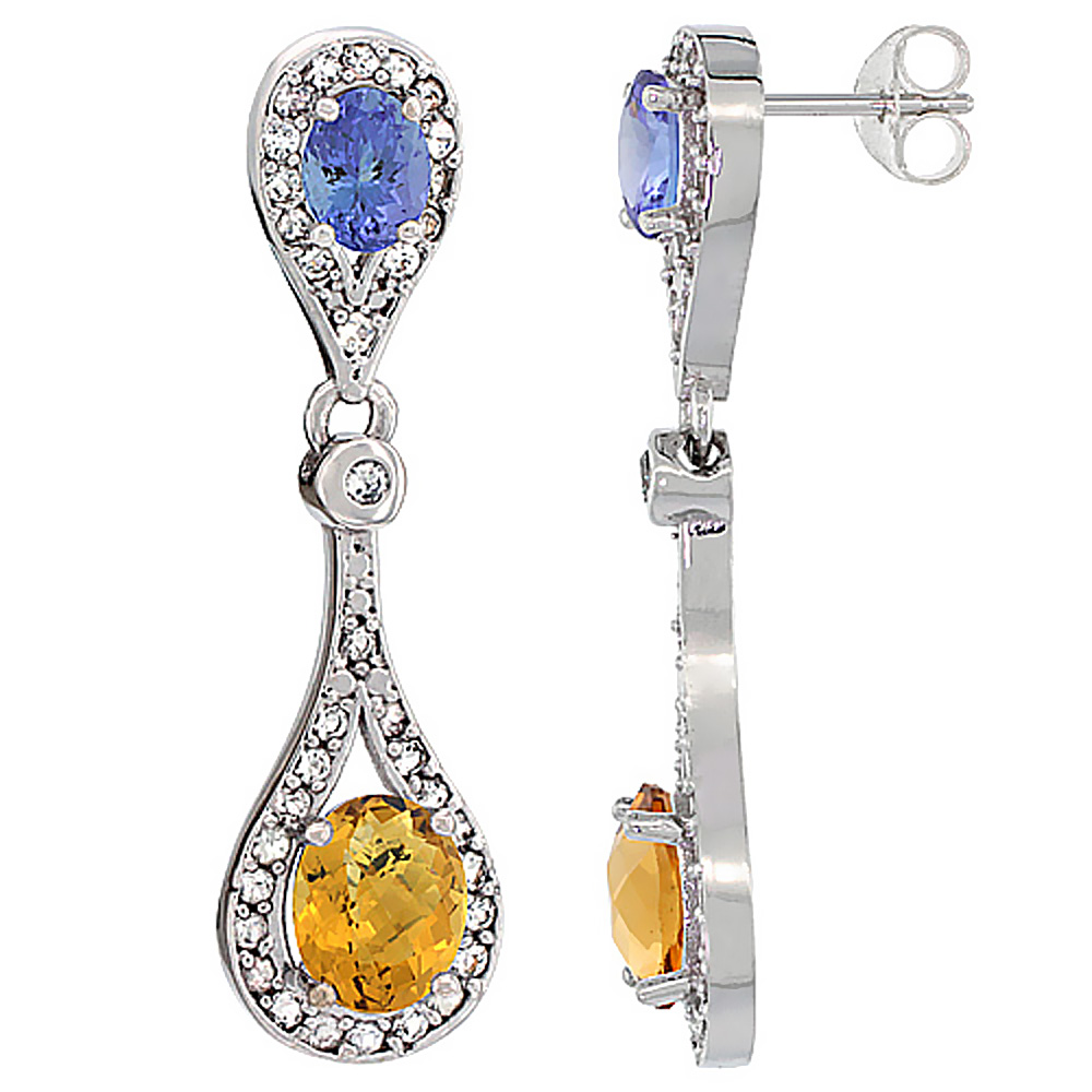 10K WHITE GOLD NATURAL WHISKY QUARTZ & TANZANITE OVAL DANGLING EARRINGS WHITE SAPPHIRE & DIAMOND ACCENTS, 1 3/8 INCHES LONG