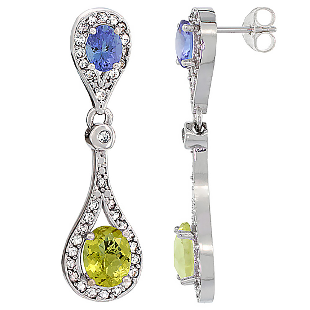 10K WHITE GOLD NATURAL LEMON QUARTZ & TANZANITE OVAL DANGLING EARRINGS WHITE SAPPHIRE & DIAMOND ACCENTS, 1 3/8 INCHES LONG