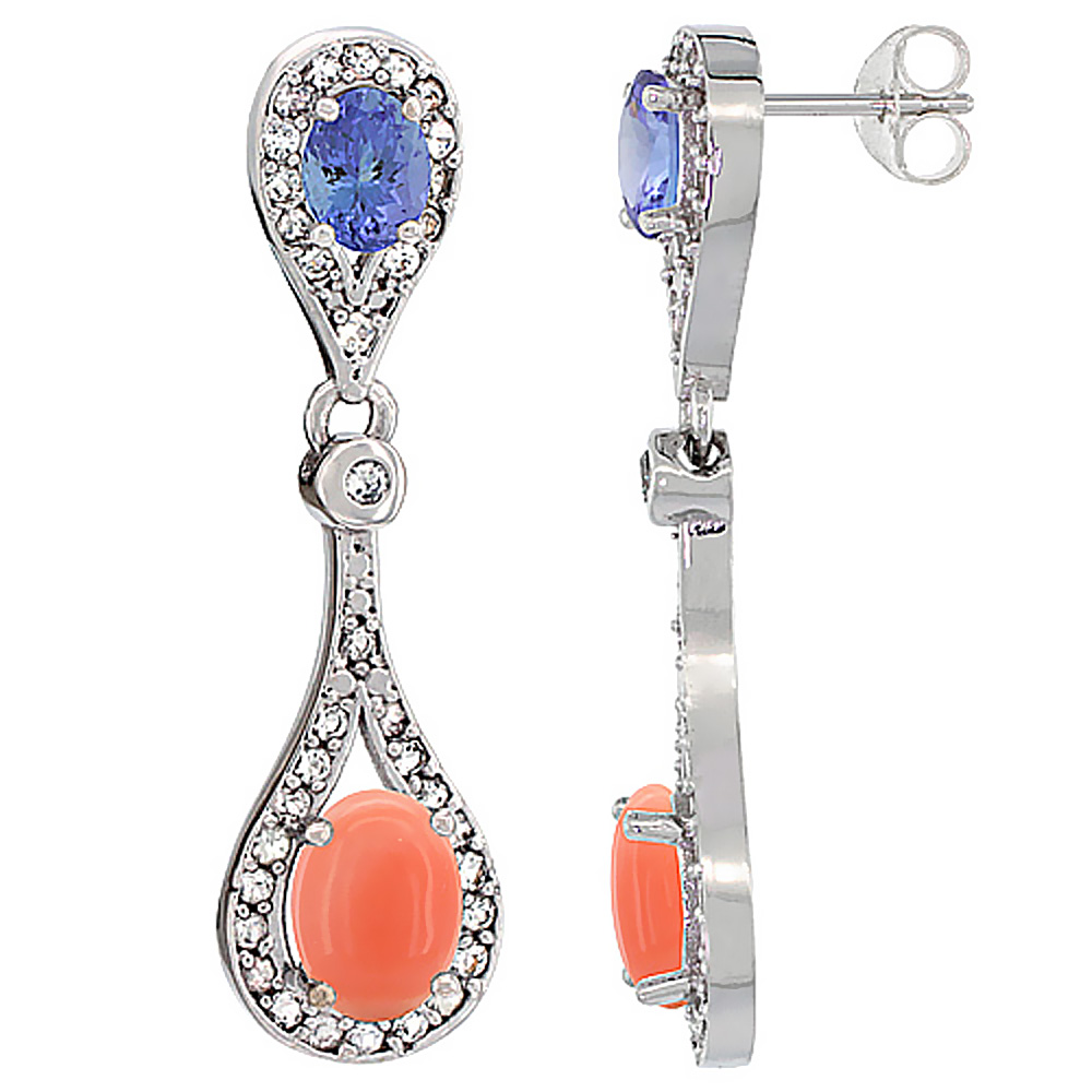 10K WHITE GOLD NATURAL CORAL & TANZANITE OVAL DANGLING EARRINGS WHITE SAPPHIRE & DIAMOND ACCENTS, 1 3/8 INCHES LONG