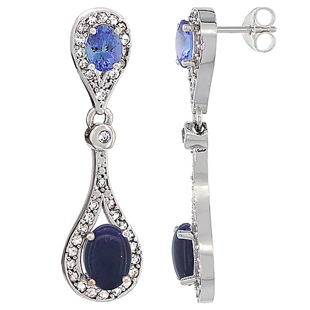 10K WHITE GOLD NATURAL LAPIS & TANZANITE OVAL DANGLING EARRINGS WHITE SAPPHIRE & DIAMOND ACCENTS, 1 3/8 INCHES LONG