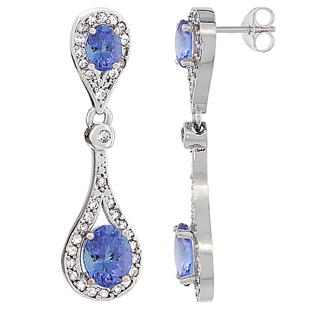 10K WHITE GOLD NATURAL TANZANITE OVAL DANGLING EARRINGS WHITE SAPPHIRE & DIAMOND ACCENTS, 1 3/8 INCHES LONG