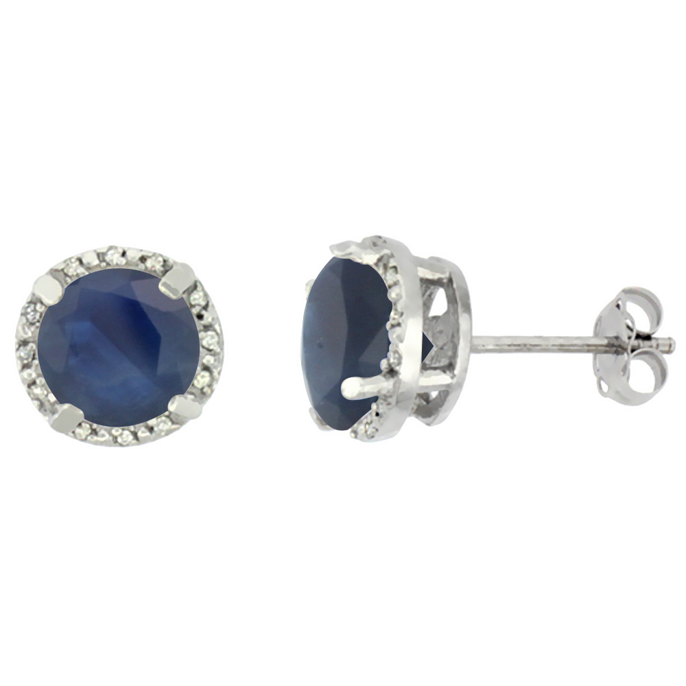 10K WHITE GOLD 0.06 CTTW DIAMOND NATURAL QUALITY BLUE SAPPHIRE EARRINGS ROUND 7X7 MM
