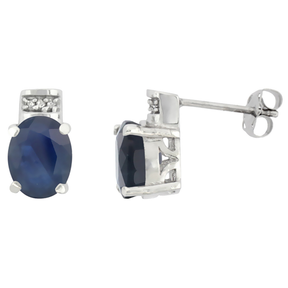 10K White Gold Diamond Natural Quality Blue Sapphire Earrings Oval 8x6 mm