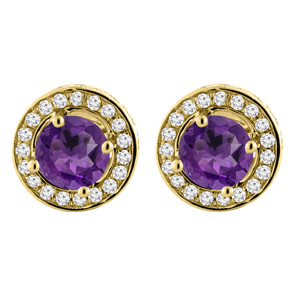 14K YELLOW GOLD NATURAL AMETHYST EARRINGS WITH DIAMOND HALO ROUND 5 MM
