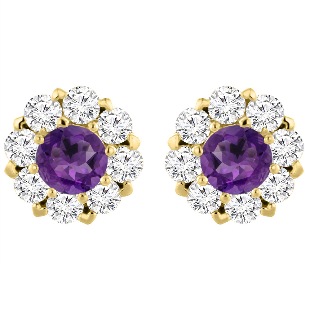 14K YELLOW GOLD NATURAL AMETHYST EARRINGS WITH DIAMOND HALO ROUND 6 MM