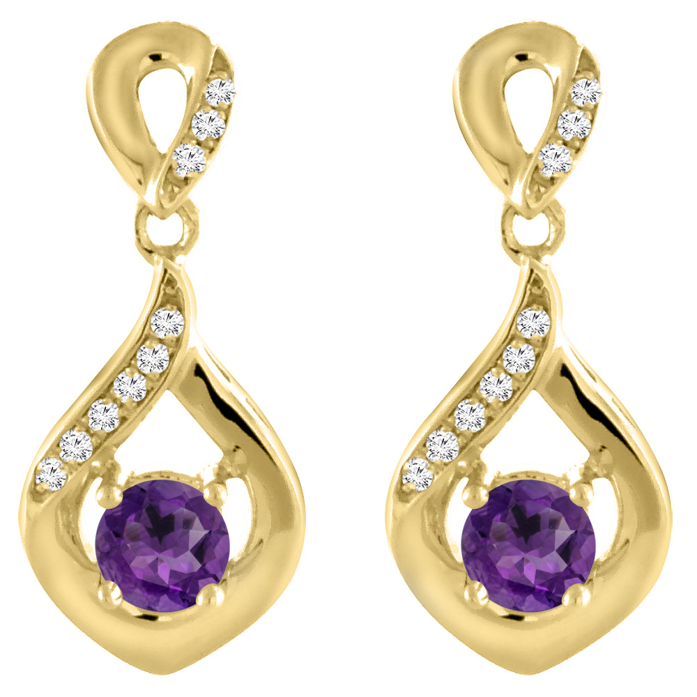 14K Yellow Gold Natural Amethyst Earrings with Diamond Accents Round 4 mm