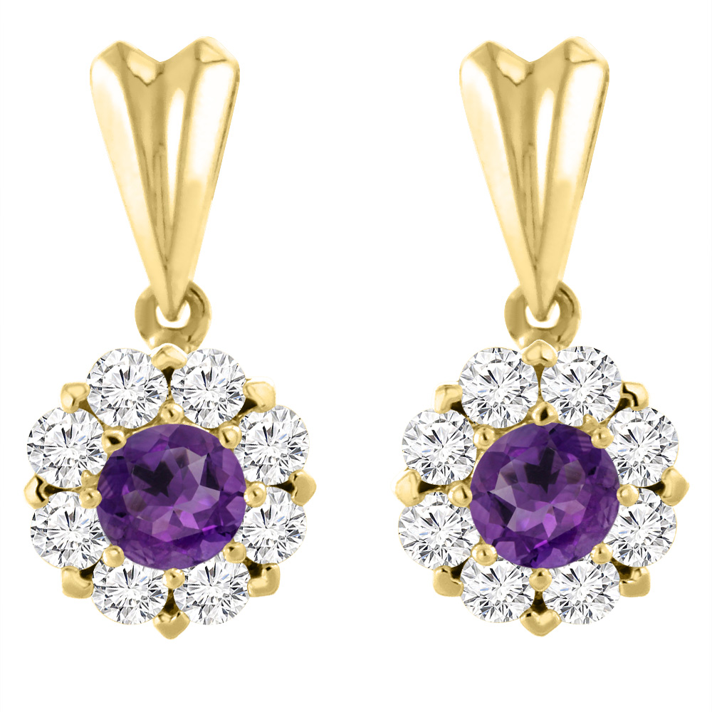 14K Yellow Gold Natural Amethyst Earrings with Diamond Halo Round 4 mm