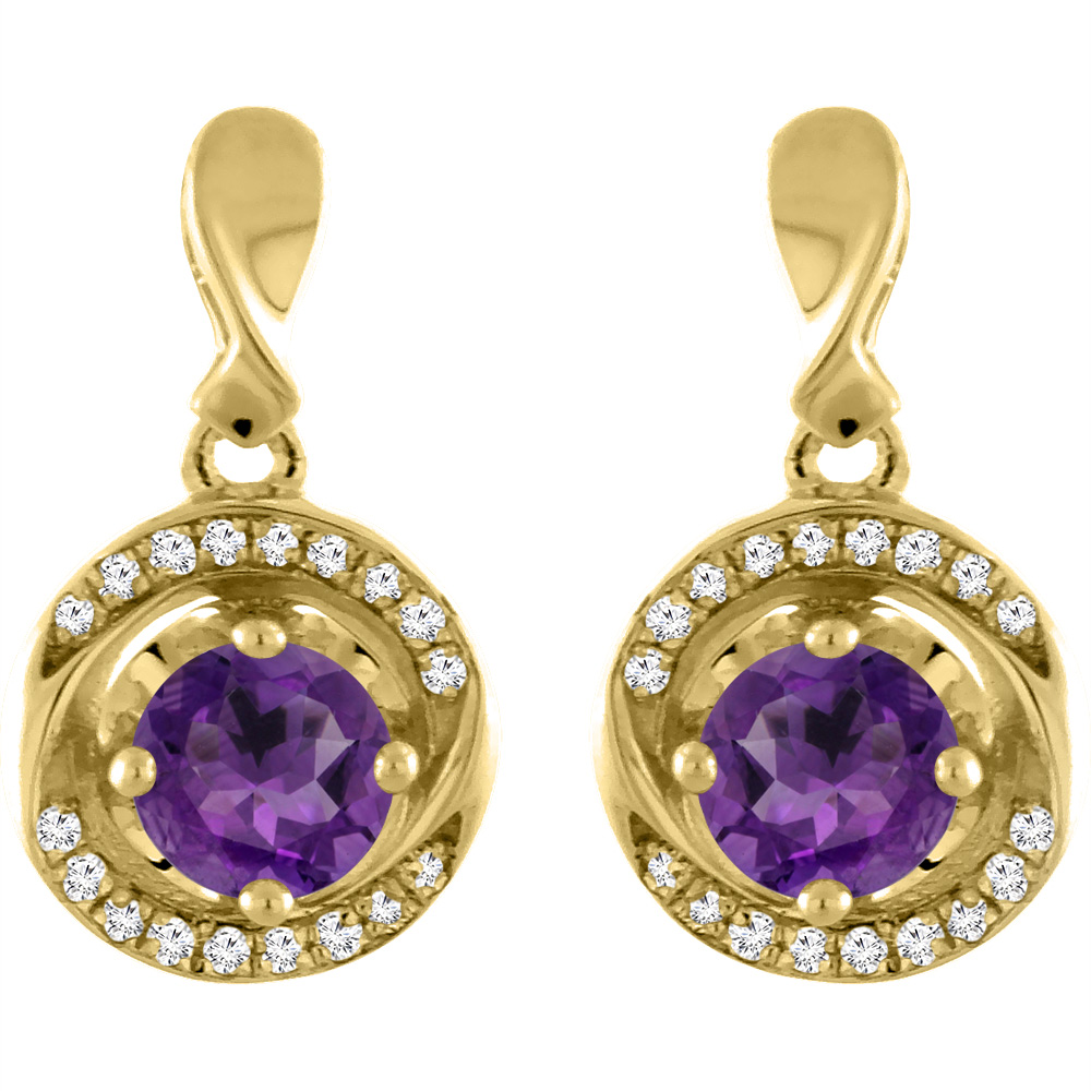 14K YELLOW GOLD NATURAL AMETHYST EARRINGS WITH DIAMOND ACCENTS ROUND 4 MM
