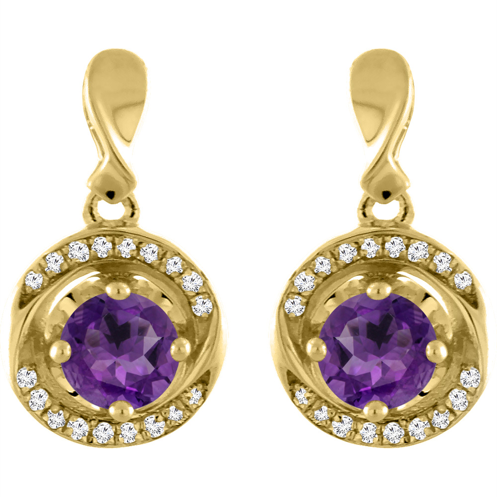 14K Yellow Gold Natural Amethyst Earrings with Diamond Accents Round 4 mm