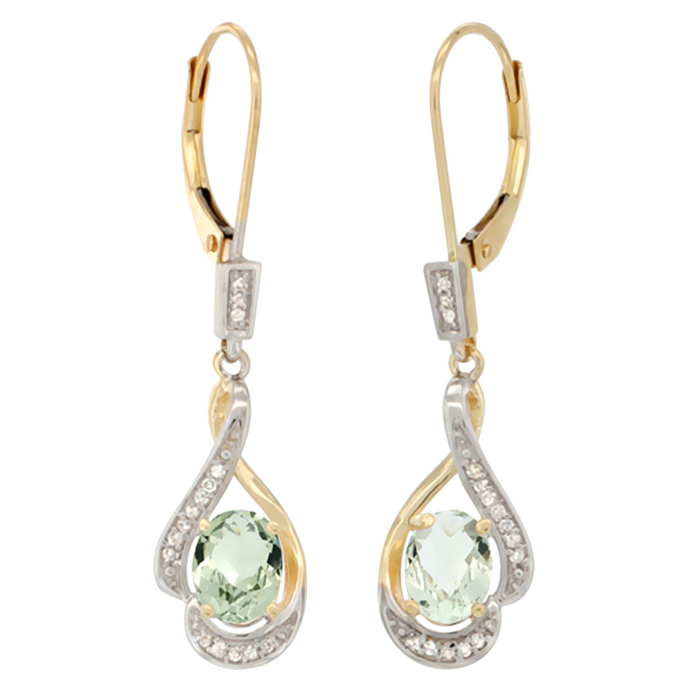 14K WHITE GOLD DIAMOND NATURAL CABOCHON EMERALD LEVERBACK EARRINGS OVAL 7X5MM, 1 7/16 INCH LONG