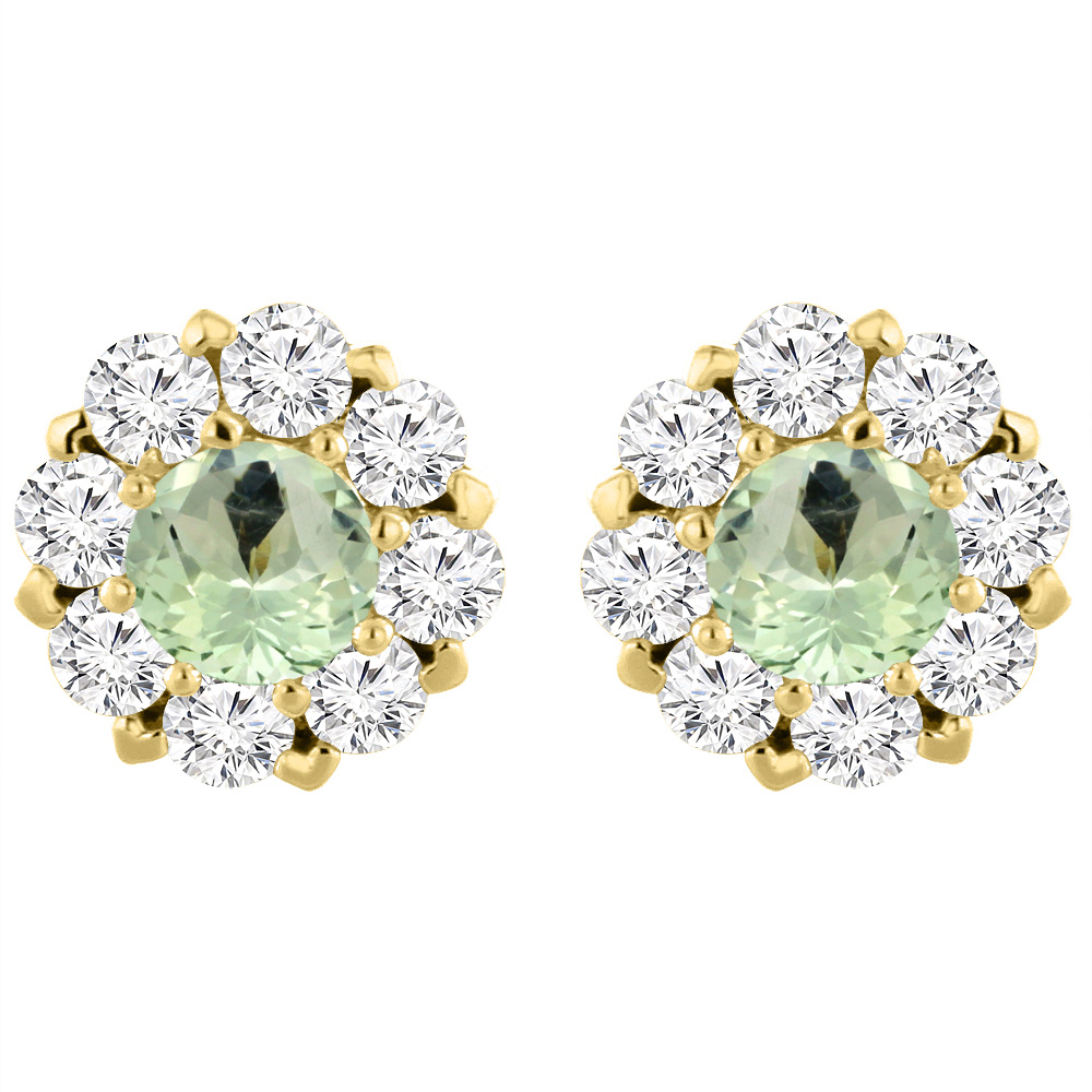14K YELLOW GOLD NATURAL GREEN AMETHYST EARRINGS WITH DIAMOND HALO ROUND 6 MM